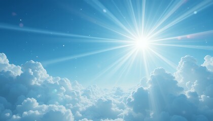 bright sun shining vividly above a vast expanse of fluffy white clouds in clear blue sky