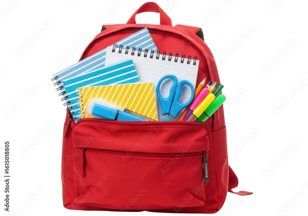 Red backpack filled with school supplies isolated on transparent background