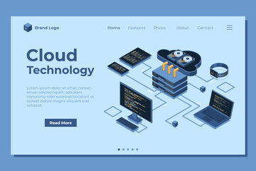 Wall Mural - isometric cloud technology computing landing page. isometric network with computer, laptop, tablet, 