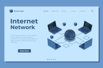 Wall Mural - isometric laptop connected with globe landing page. global communication internet network. storage a