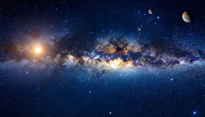 Panoramic view of the Milky Way galaxy, showcasing vibrant nebulae, stars, and distant planets