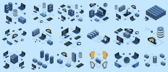 Wall Mural - set of isometric modern technology concept for cloud computing, datacenter, database, artificial int