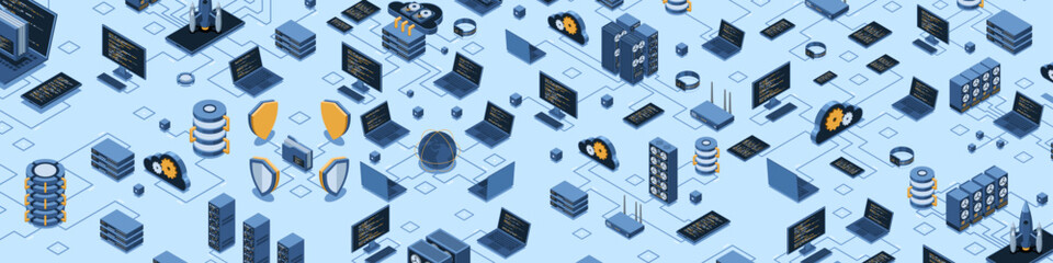 Wall Mural - isometric data network management. cloud storage data and synchronization of devices. networking, da