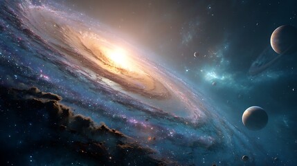 Wall Mural - A stunning cosmic scene with a vibrant galaxy and planets in orbit, creating a breathtaking display of celestial beauty.\ .