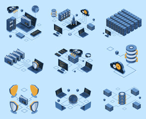 Wall Mural - set of isometric modern technology concept for cloud computing, datacenter, database, artificial int