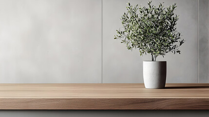 Wall Mural - Wooden table surface with a potted plant against a light gray wall. Small olive tree in a white pot sits on a light brown wooden table.  Clean, minimalist, and modern aesthetic