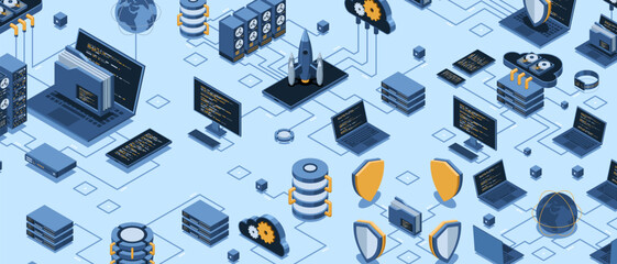 Wall Mural - isometric data network management. cloud storage data and synchronization of devices. networking, da
