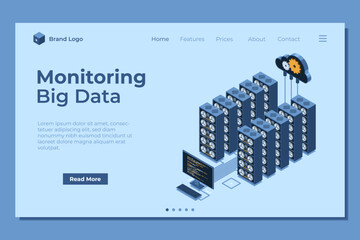 Wall Mural - isometric monitoring big data storage landing page. data transmission technology. online hosting tec