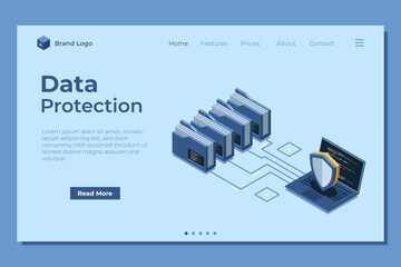 Wall Mural - isometric data protection with folder and laptop landing page. folder security. safe documents and f