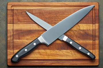 Two crossed chef's knives on a wooden cutting board