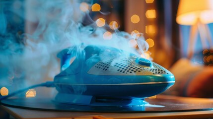 Wall Mural - Steam releasing humidifier with soft lighting in the background. Useful for articles on health and comfort in the home.