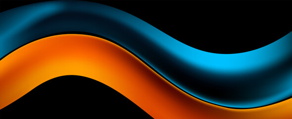 Wall Mural - 3D blue yellow abstract background with overlapping layers on dark space with flowing wave effect decoration. Vector illustration
