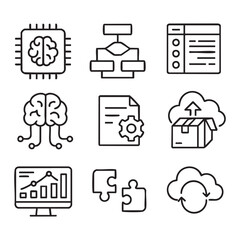 A clean and modern icon set tailored for industry-specific tech themes. includes 9 monochrome line icons representing AI chip, data flow, machine learning, cloud sync, analytics, API, legal 