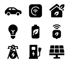 Eco-Tech and Safety Icons. Solid, filled icon set of green innovation and technology: electric vehicle, smart thermostat, green