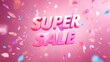 ©  QuantumMuse - SUPER SALE banner with colorful confetti on a cheerful pink background — social media promo and discount ad design.