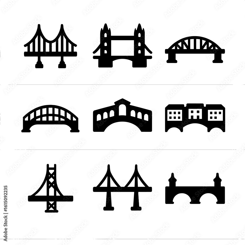 Iconic Mini Bridge Iconic Bridges Icons. Solid, filled icon set of iconic bridges and ...