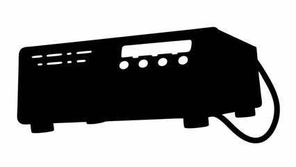 Illustration of a black electronic device with buttons and a display screen and a power cord attached silhouette