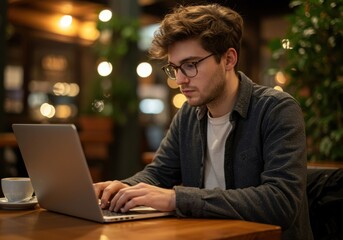 Young man with glasses focused on his laptop screen typing diligently in a cozy warmly lit establishment with blurred background lights