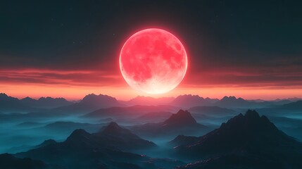 Wall Mural - Spectacular view of red moon setting over tranquil lake high resolution picture
