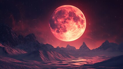 Wall Mural - Starry sky with glowing red moon over water scene high resolution picture