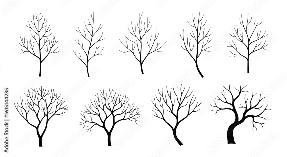 Collection of stylized bare tree illustrations showing branching ...