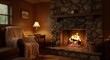 © budi - Cozy interior setting with a blazing fireplace and comfortable chair in a rustic cabin
