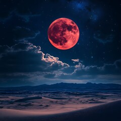 Wall Mural - Stunning crimson moon above golden evening twilight clouds high resolution picture