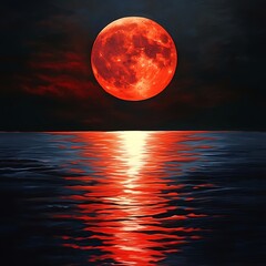 Wall Mural - Stunning landscape featuring red moon sky and mountains at twilight high resolution picture
