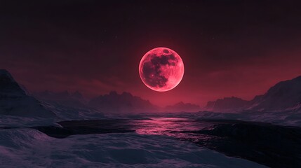 Wall Mural - Stunning red full moon above dramatic mountain silhouettes high resolution picture