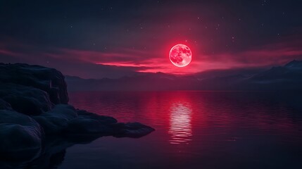 Wall Mural - Tranquil lake with bright red moon and boat floating high resolution picture