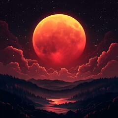 Wall Mural - Vibrant red moonlight reflecting off serene ocean waves high resolution picture