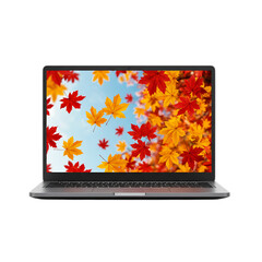 Modern laptop displaying a vibrant autumn leaf screen saver isolated on transparent background