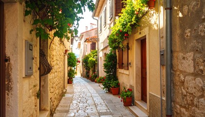  Sunlit cobblestone alleyway between aged stone buildings, adorned with vibrant flowers in pots