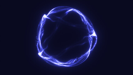 Wall Mural - abstract electric ring of bright blue strands glowing against a dark digital background