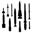 © German Ovchinnikov - Black and white silhouettes of various missiles arranged in a clean set against a white background. Includes warheads and projectiles with sharp outlines. Ideal for military themes.