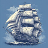 Majestic tall ship under full sail on a wavy sea in a vintage illustration style