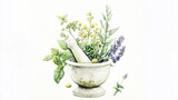 Watercolor herbs in a mortar and pestle