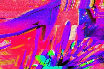 Wall Mural - vibrant glitch art in neon pink, blue hues. retro 80s, trippy style, with psychedelic distortion and