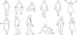 © Mounir - People line cad art. Vector illustration of men, women, and kid standing walking talking in front back and side view. Symbol for architecture and landscape design drawing.