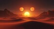 © gan - Otherworldly sunset illuminates a desolate landscape, with celestial bodies rising above dune peaks