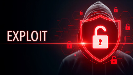 hooded figure in dark digital environment with glowing red lock symbol and text exploit, cyber secur