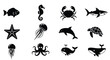 © Ryan - Vector silhouette illustration a collection of marine animal silhouettes including a jellyfish, dolphin, and crab, isolated on a white background