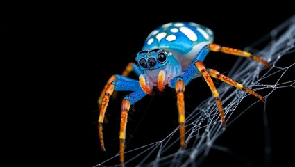 Colorful Blue and Orange Spider on Web-Closeup macro shot of a vibrant spider with a blue patterned body and orange legs, perched on a delicate silk web against black background.