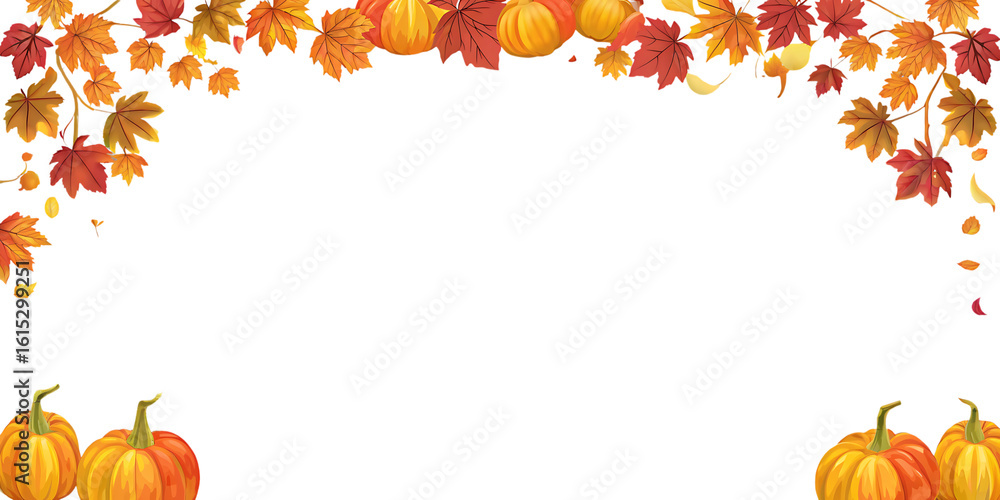 Autumn leaves and pumpkins border isolated on transparent background ...