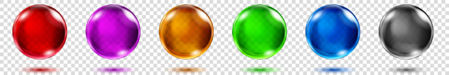 Wall Mural - Set of translucent spheres of different bright colors with highlights and shadows on transparent background, vector illustration for design projects and creating creative works.