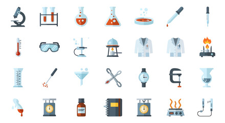 A comprehensive flat icon set of science and chemistry laboratory equipment. Vector symbols for research, experiments, and education.