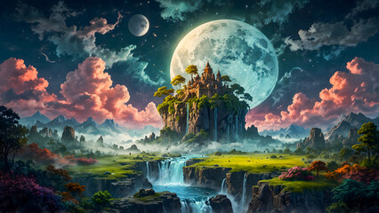 Enchanted Castle on a Cliff Under a Giant Moon in Fantasy Landscape