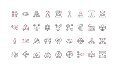Teamwork communication, structure of human community, employee and member hierarchy line icon set. Partnership, support in business team, puzzle solution thin black and red symbols vector illustration