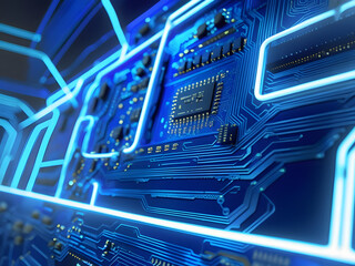 Wall Mural - Close-up of a blue circuit board with glowing neon lines and integrated components.