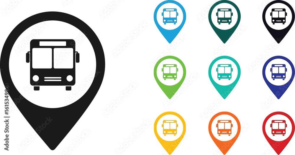 Vector art of a bus icon on a map pin indicates the location of public ...